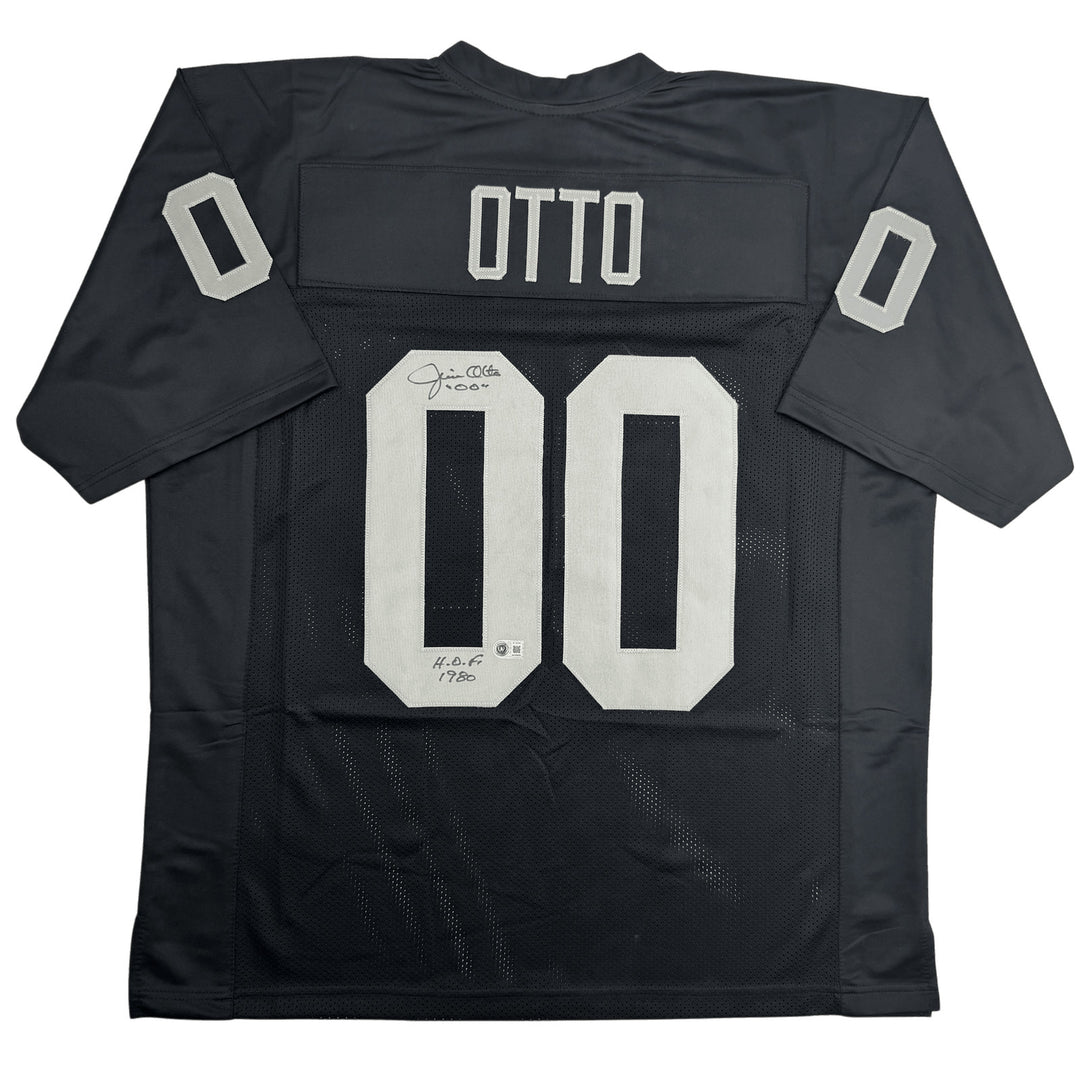 Autographed/Signed Jim Otto w/ HOF 1980 Oakland Black Jersey BAS COA