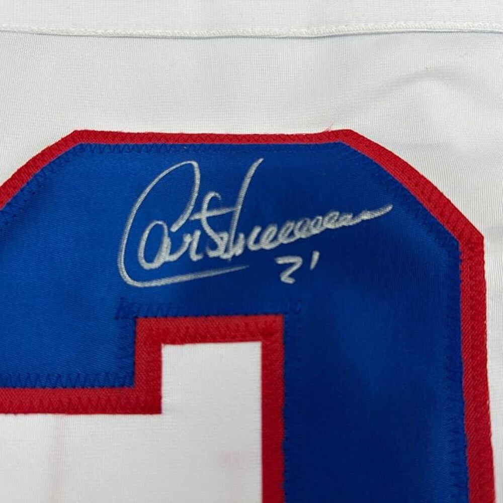 Framed Autographed/Signed Guy Carbonneau 35x39 Montreal White Jersey JSA COA