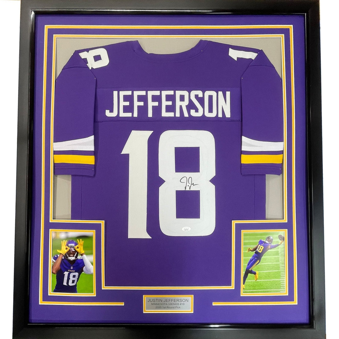 Framed Signed JUSTIN JEFFERSON 35x39 Minnesota Purple Jersey JSA COA