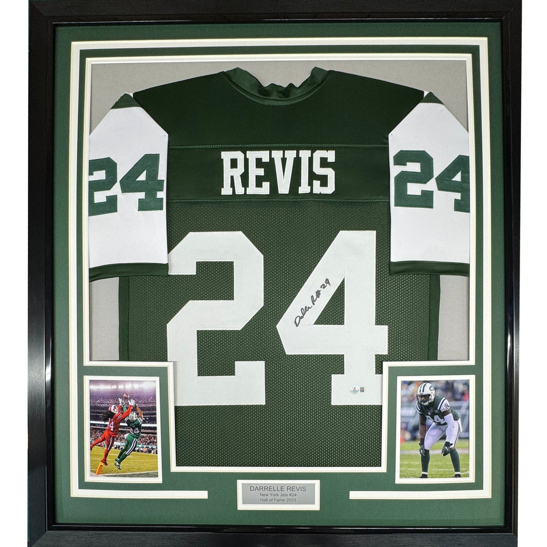 Framed Signed Darrelle Revis 35x39 New York Green Jersey Beckett COA