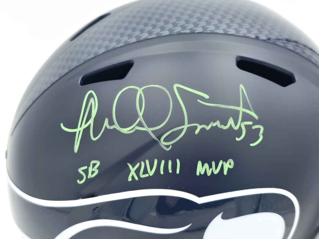 Malcolm Smith Signed Seahawks Blue Full Sz Speed Rep Helmet Beckett Wit