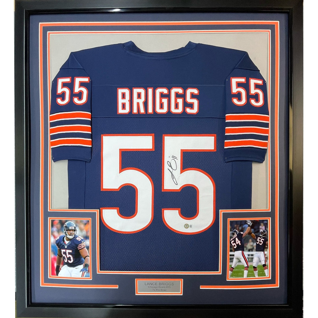 FRAMED Autographed/Signed LANCE BRIGGS 33x42 Chicago Blue Jersey BAS COA