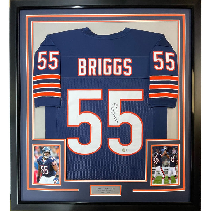 FRAMED Autographed/Signed LANCE BRIGGS 33x42 Chicago Blue Jersey BAS COA