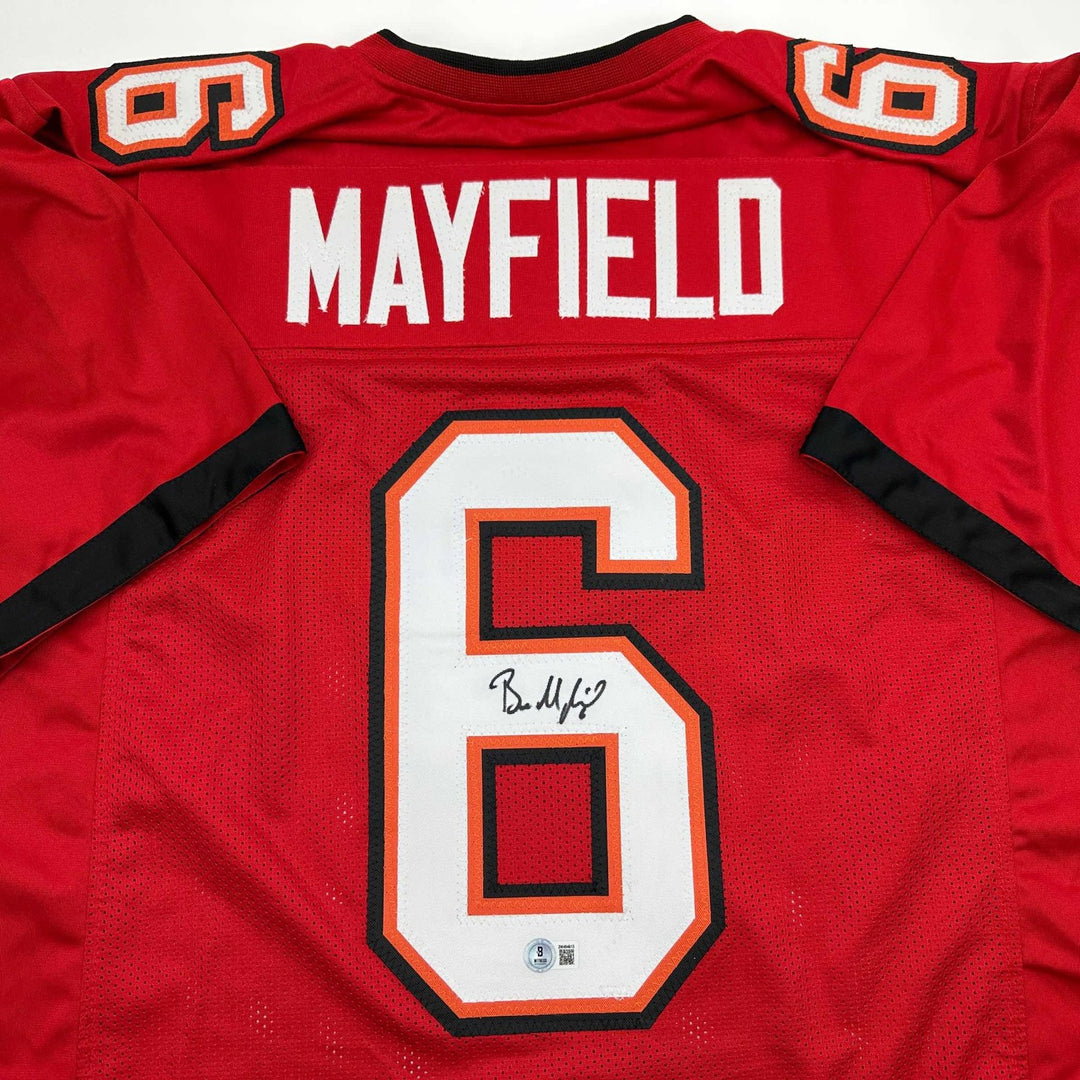 Autographed/Signed Baker Mayfield Tampa Bay Red Jersey Beckett BAS COA