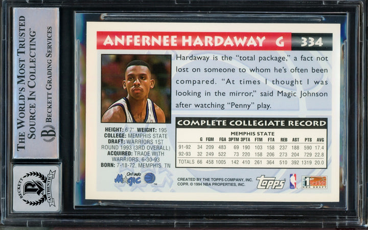 Anfernee Hardaway Signed 1993-94 Topps RC 334 Orlando Magic Auto GM 10 Beckett