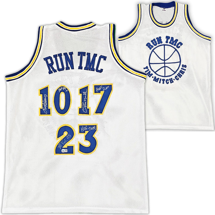 Warriors Chris Mullin, Tim Hardaway & Richmond Auto White Jersey Run TMC HOF BAS