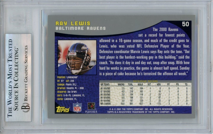 Ray Lewis Autographed/Signed 2001 Topps #50 Trading Card Slab Beckett 53478