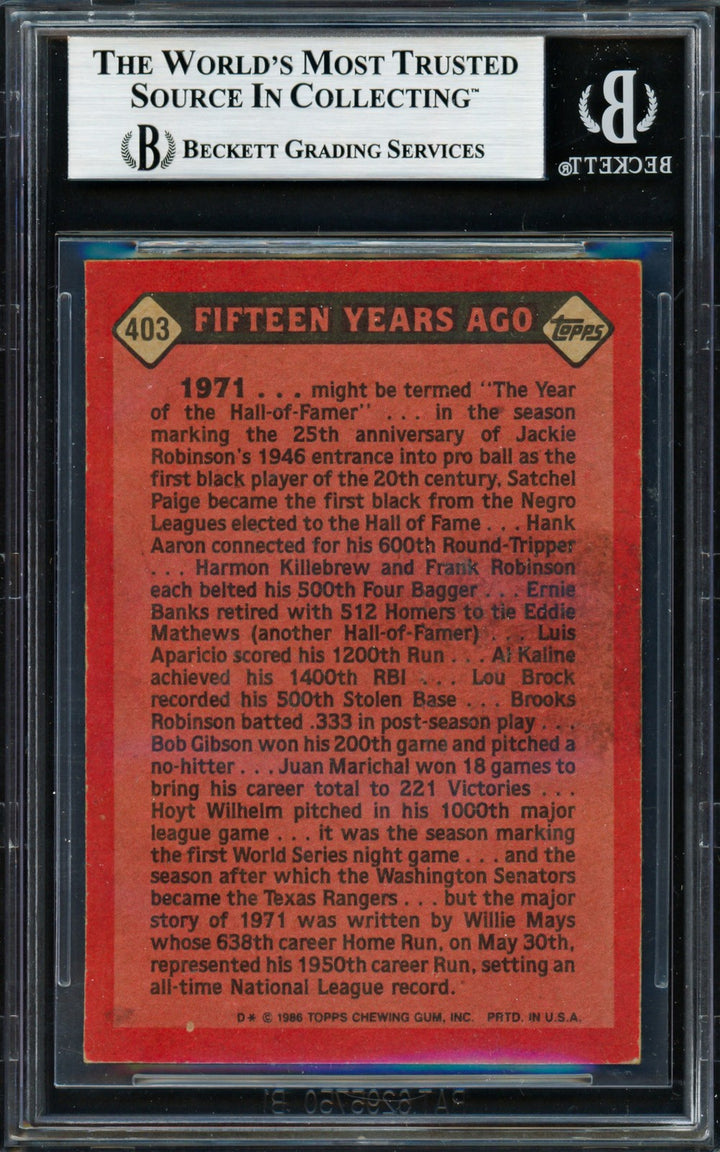 Willie Mays Signed 1986 Topps Card #403 San Francisco Giants Beckett #19212789