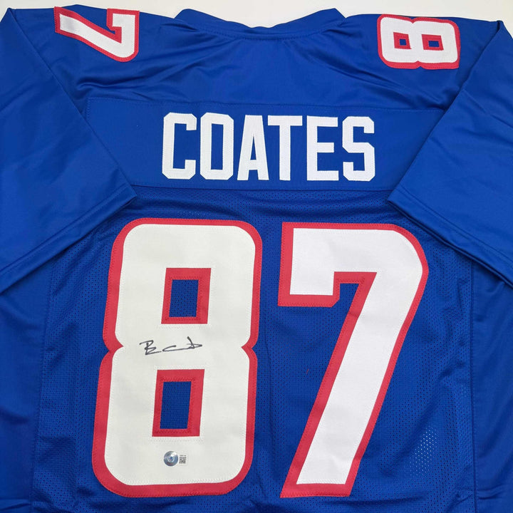 Autographed/Signed Ben Coates New England Blue Jersey Beckett BAS COA