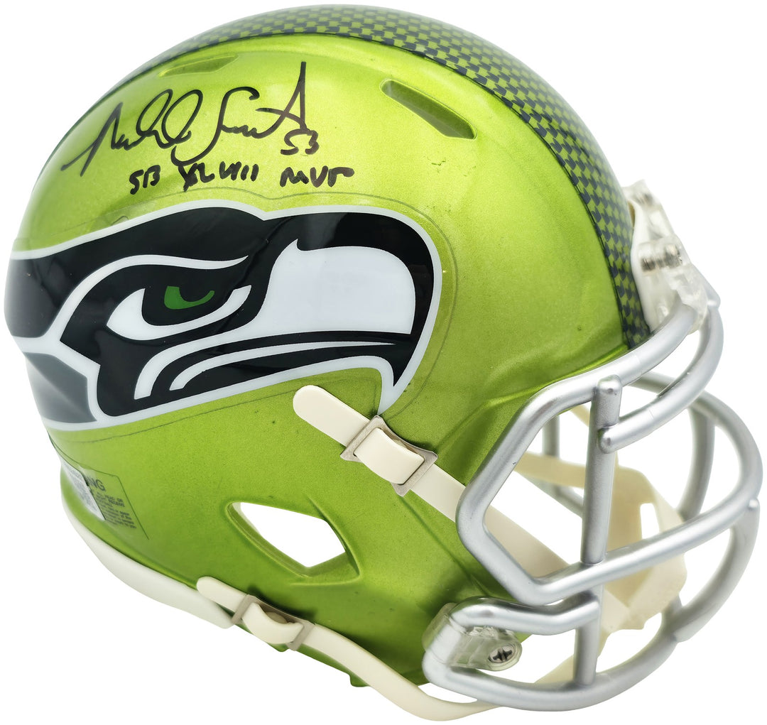 Malcolm Smith Signed Seahawks Flash Green Speed Mini Helmet Beckett Wit