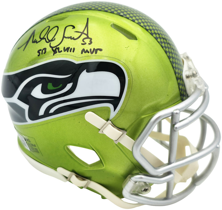 Malcolm Smith Signed Seahawks Flash Green Speed Mini Helmet Beckett Wit