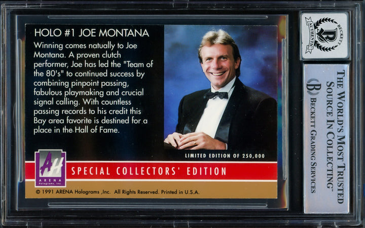 Joe Montana Autographed 1991 Arena Hologram Card Gem 10 Auto Beckett 16170459