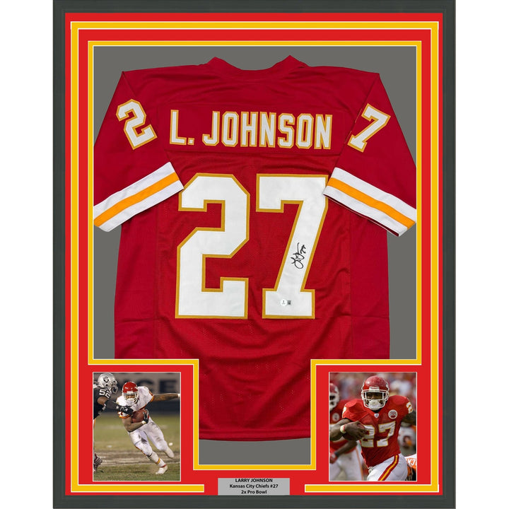 Framed Signed Larry Johnson 35x39 Kansas City Red Jersey Beckett COA