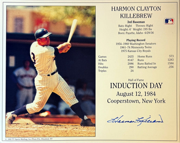 Harmon Killebrew signed Minnesota Twins Hall of Fame Induction 8x10 Photo - COA