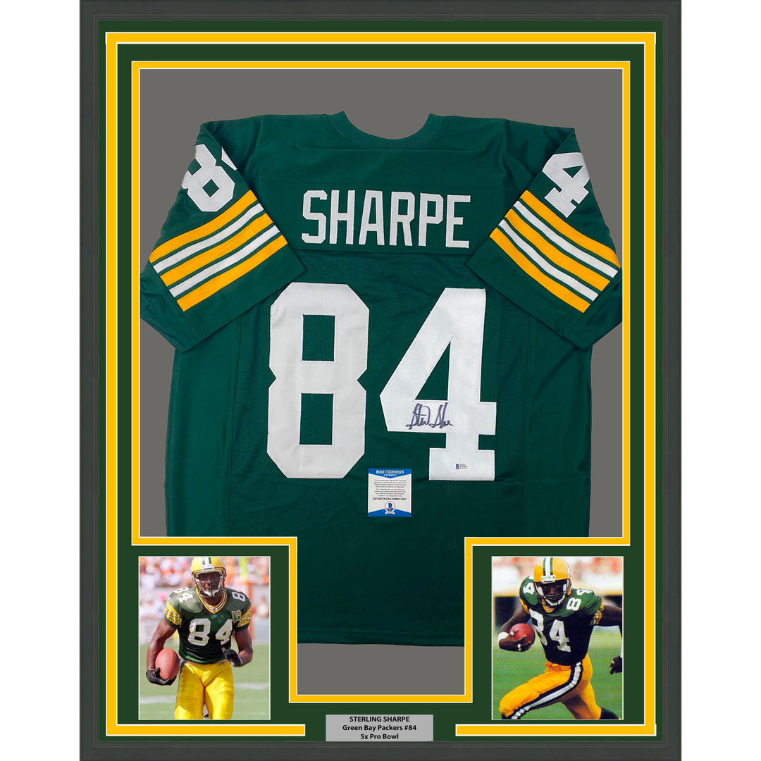 Framed Autographed/Signed Sterling Sharpe 33x42 Green Bay Green Jersey BAS COA