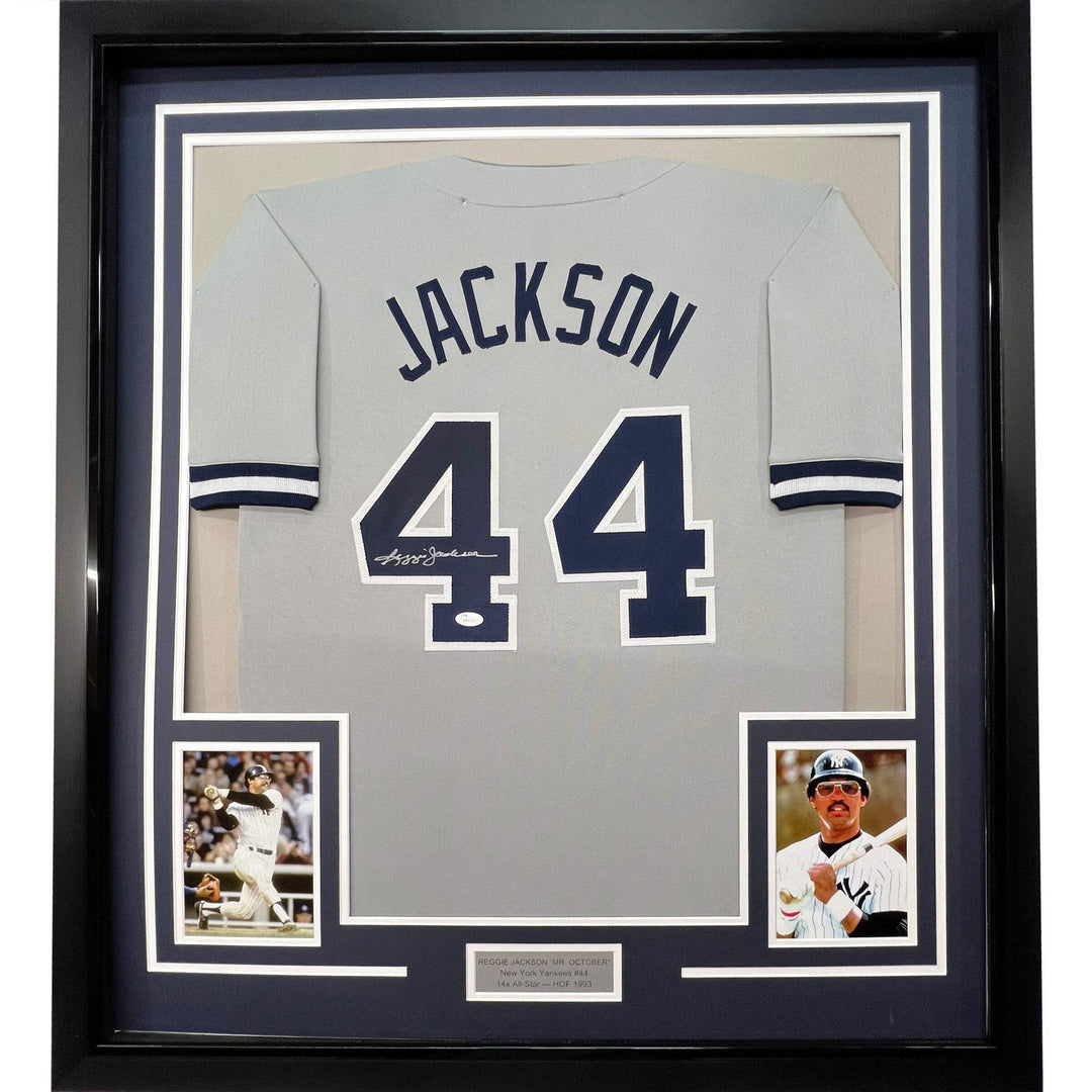 FRAMED Autographed/Signed REGGIE JACKSON 33x42 New York Grey Jersey JSA COA Auto