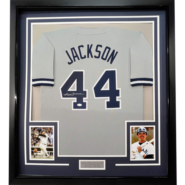 FRAMED Autographed/Signed REGGIE JACKSON 33x42 New York Grey Jersey JSA COA Auto