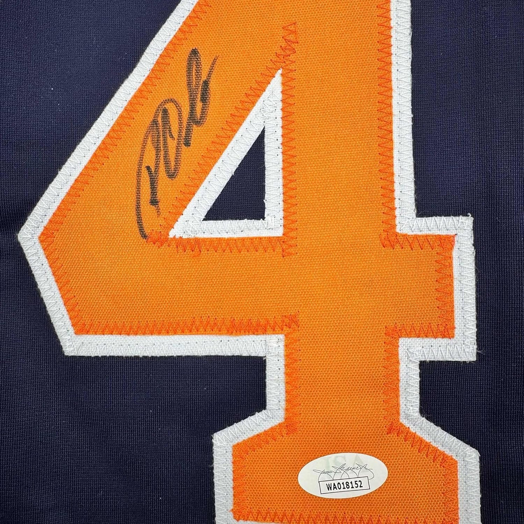 Framed Autographed/Signed Roy Oswalt 35x39 Houston Blue Jersey JSA COA