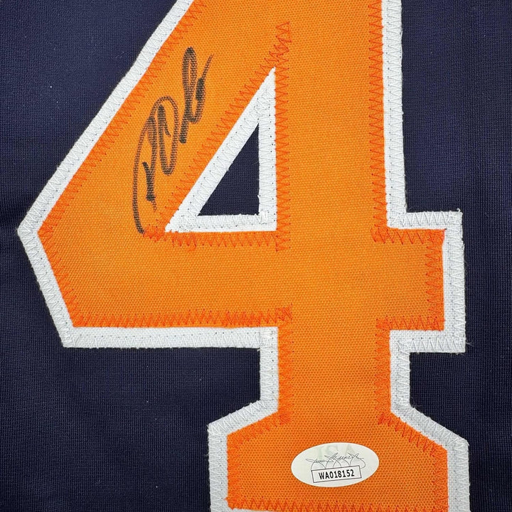 Framed Autographed/Signed Roy Oswalt 35x39 Houston Blue Jersey JSA COA