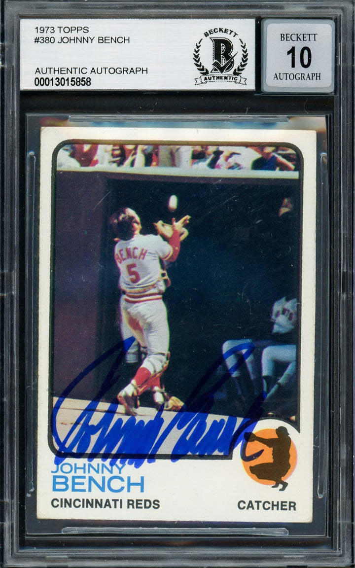 Johnny Bench Signed 1973 Topps Card 380 Reds Auto GM 10 Beckett #13015858