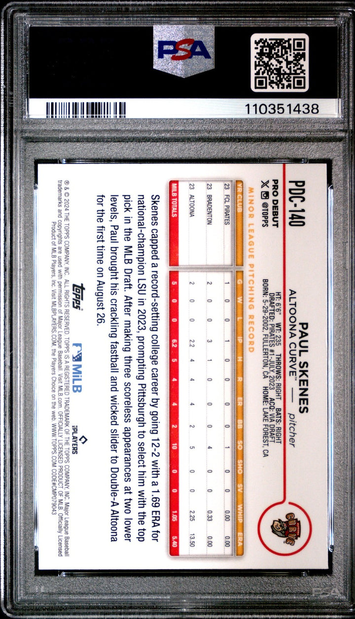 Graded 2024 Topps Pro Debut Paul Skenes #PDC140 Chrome RC Card PSA 10