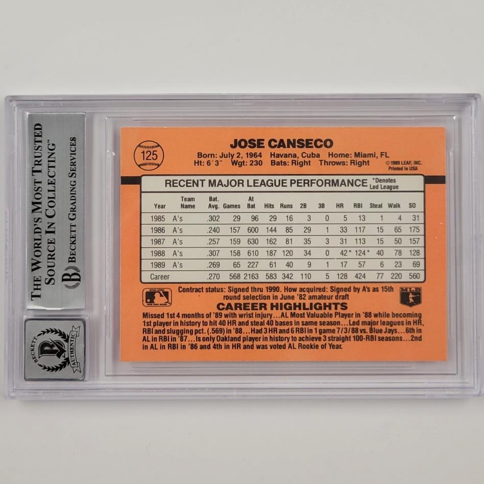 Jose Canseco signed 1990 Donruss #125 card autograph 591 ~ Beckett BAS 10 auto