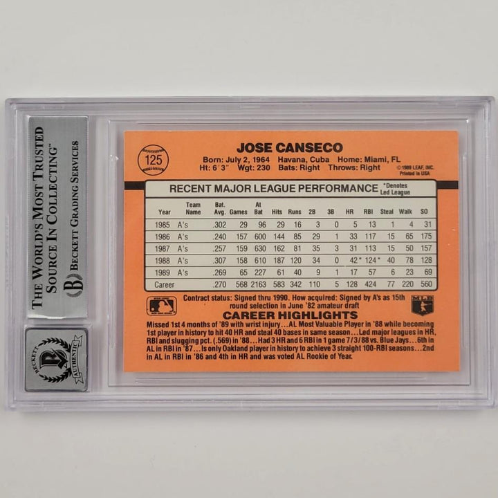 Jose Canseco signed 1990 Donruss #125 card autograph 591 ~ Beckett BAS 10 auto