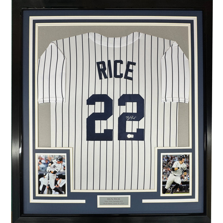 Framed Autographed/Signed Ben Rice 35x39 New York Pinstripe Jersey JSA COA