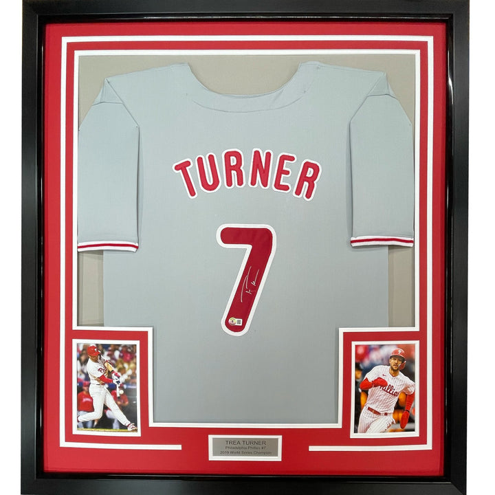 Framed Autographed/Signed Trea Turner 33x42 Philadelphia Grey Jersey COA