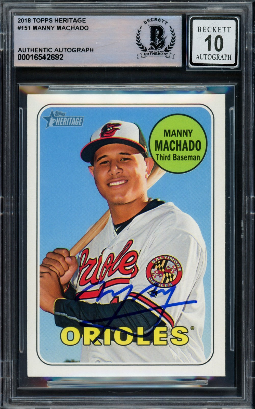 Manny Machado Signed 2018 Topps Heritage Card 151 Orioles Auto GM 10 Beckett