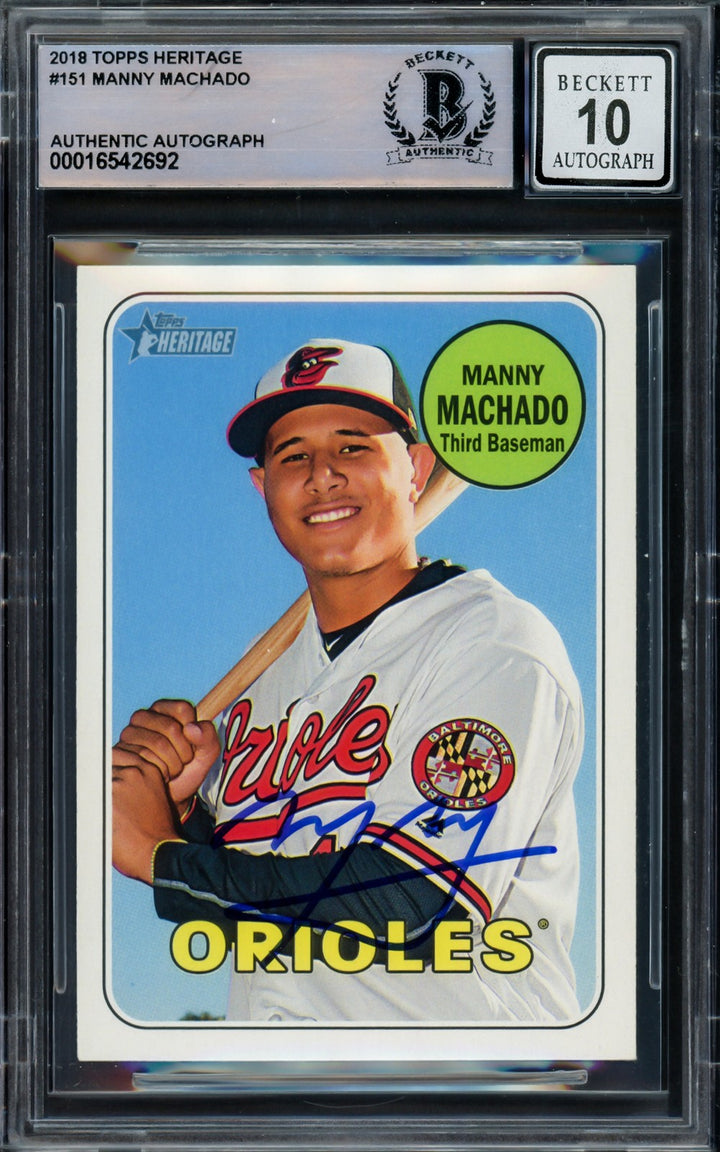 Manny Machado Signed 2018 Topps Heritage Card 151 Orioles Auto GM 10 Beckett