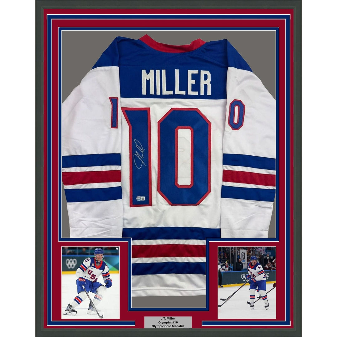 Framed Autographed/Signed JT J.T. Miller 35x39 USA White Jersey Beckett COA