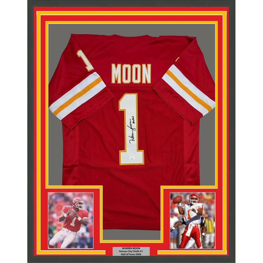 Framed Signed Warren Moon 35x39 HOF Kansas City Red Jersey JSA COA