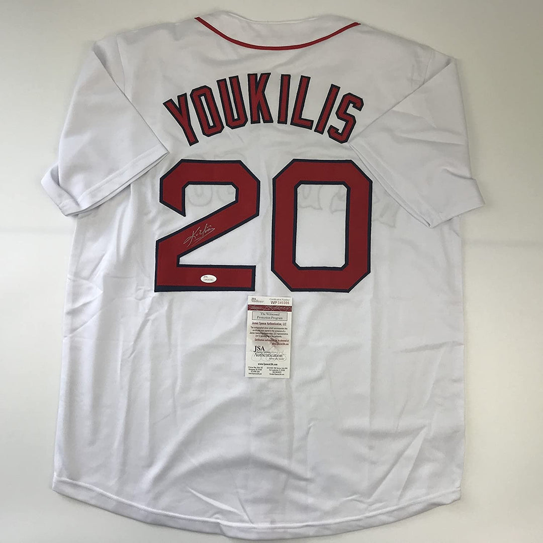 Autographed/Signed KEVIN YOUKILIS Boston White Baseball Jersey JSA COA Auto