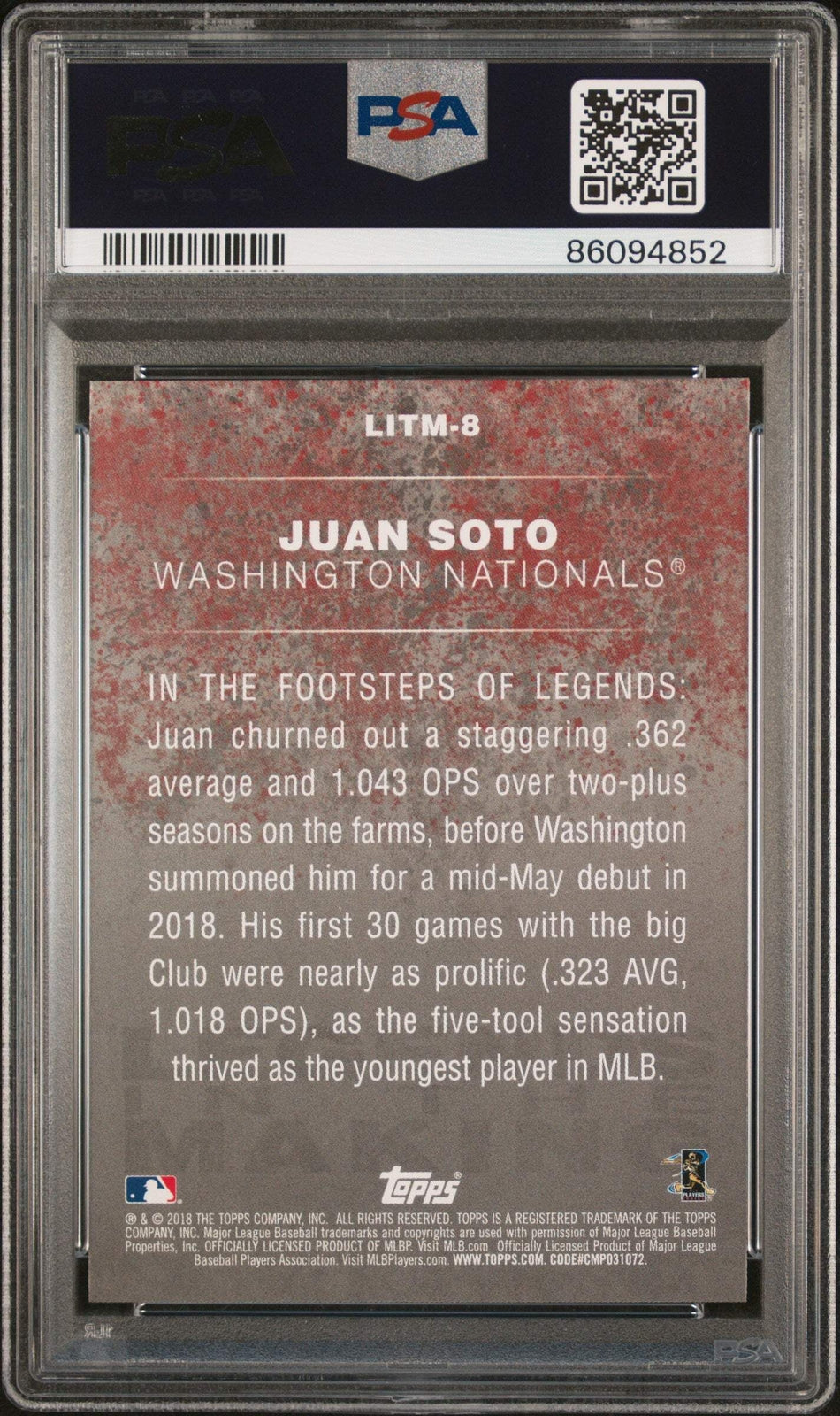 Graded 2018 Topps Update Juan Soto #LITM8 Black Rookie Baseball Card PSA 10 Gem