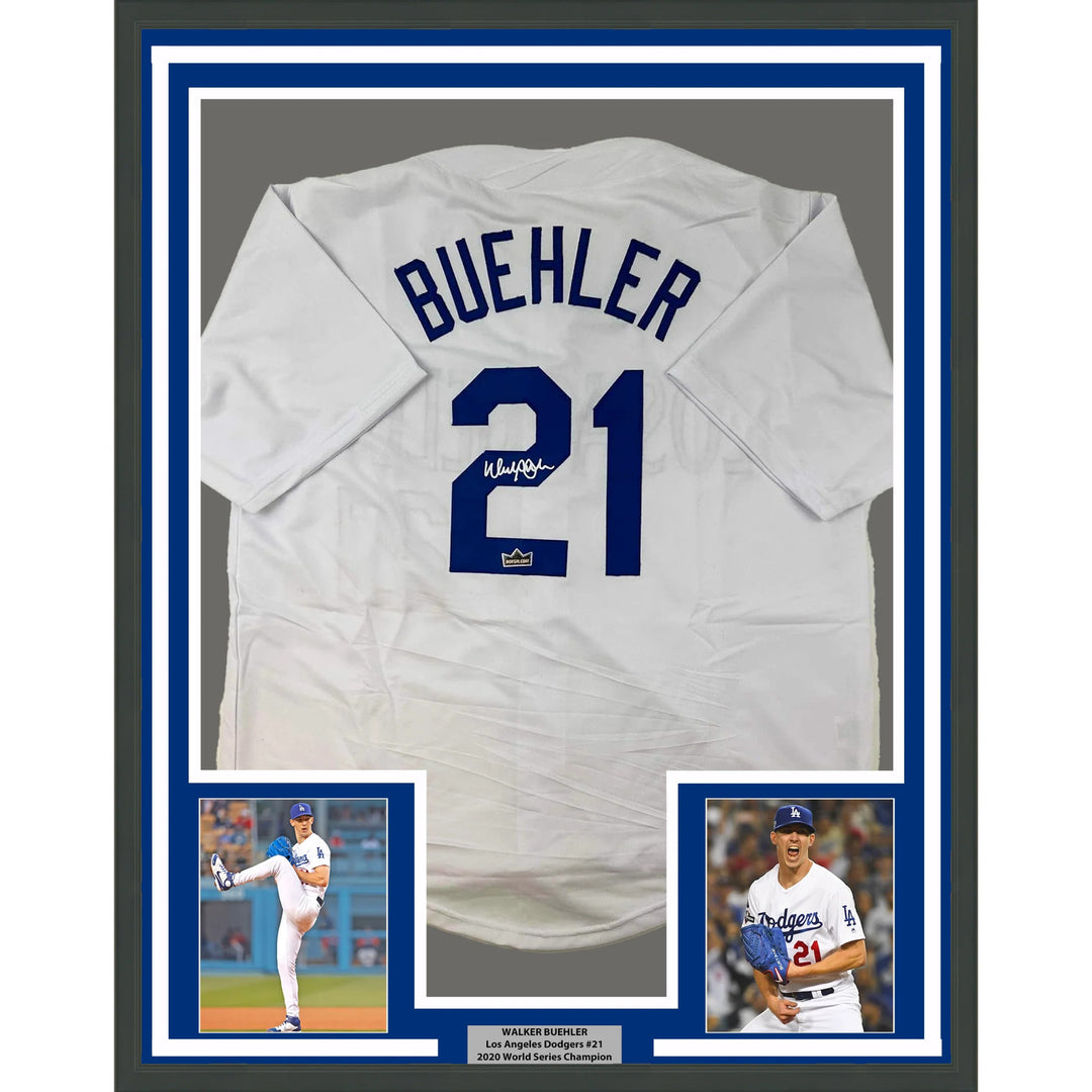 Framed Facsimile Autographed Walker Buehler 33x42 LA White Reprint Laser Jersey
