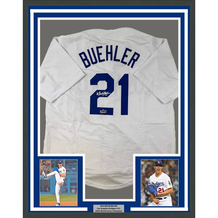 Framed Facsimile Autographed Walker Buehler 33x42 LA White Reprint Laser Jersey