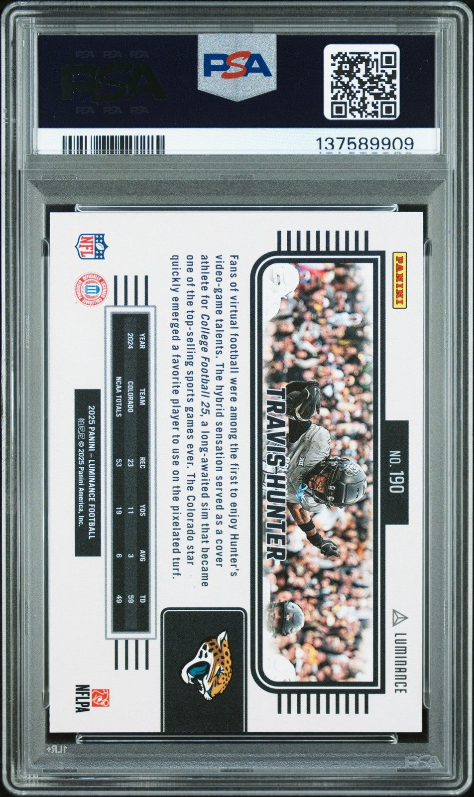 Graded 2025 Panini Luminance Travis Hunter #190 Rookie Card PSA 10