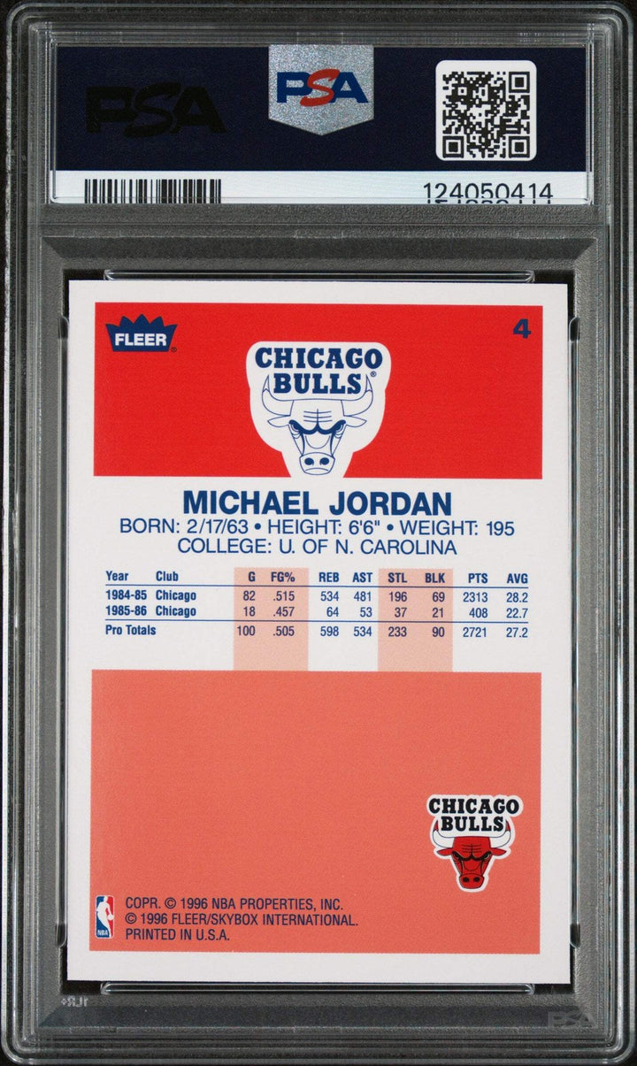 Graded 1996 Fleer Michael Jordan #4 DOE Rookie Reprint Card PSA 9 Mint