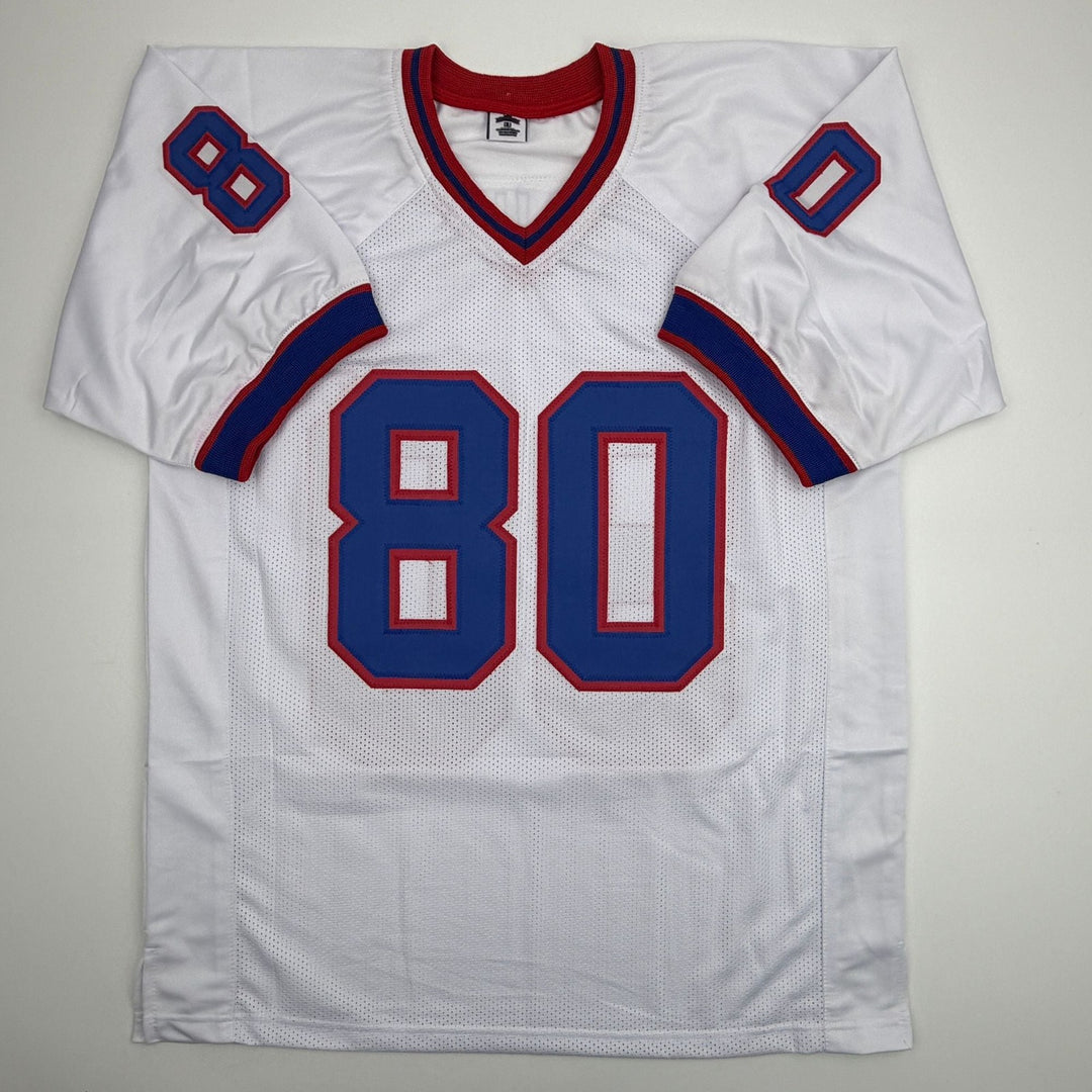 Autographed/Signed Eric Moulds Buffalo White Football Jersey JSA COA