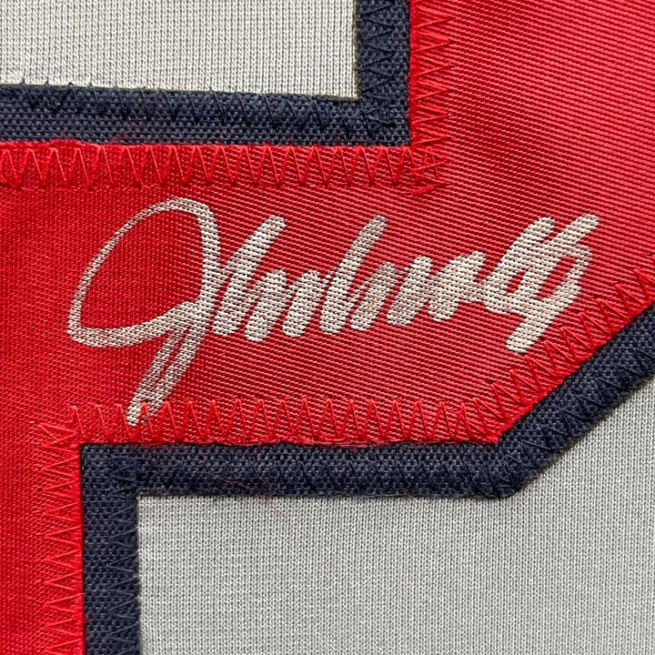 FRAMED Autographed/Signed JOHN SMOLTZ 33x42 Atlanta Grey Jersey JSA COA