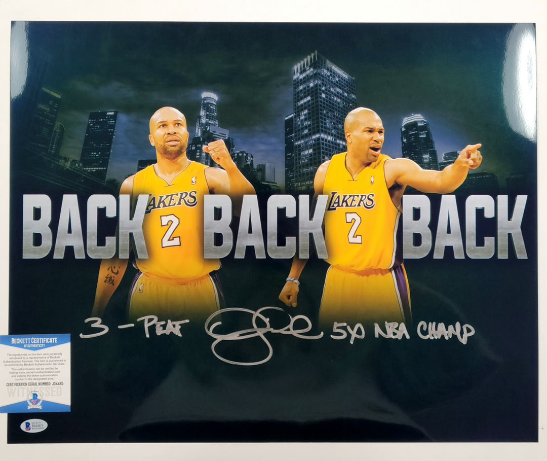 Derek Fisher signed "3-Peat" "5x Champ" Lakers Metallic Chrome 16x20 Photo ~ BAS