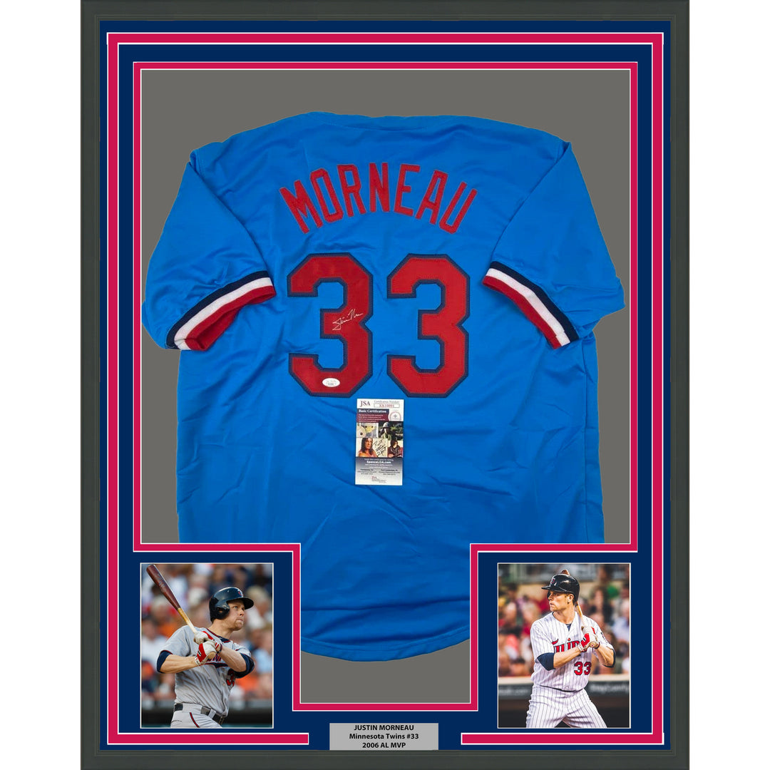 FRAMED Autographed/Signed JUSTIN MORNEAU 33x42 Retro Baseball Jersey JSA COA