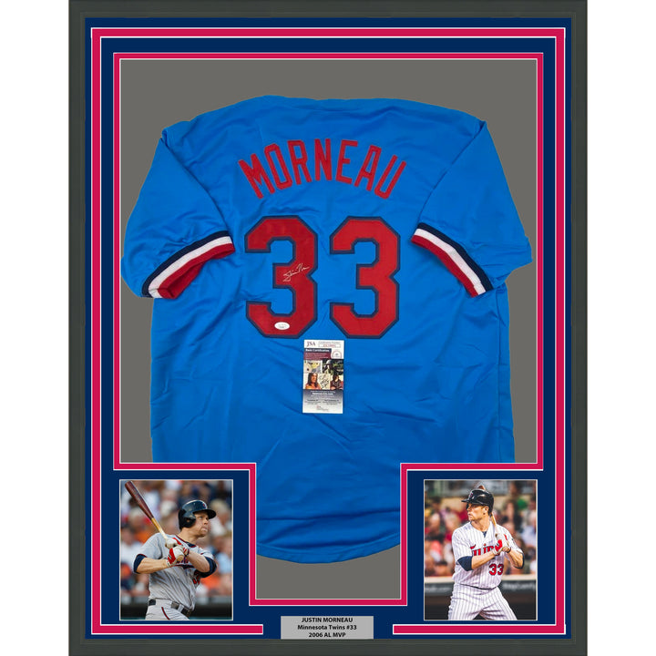 FRAMED Autographed/Signed JUSTIN MORNEAU 33x42 Retro Baseball Jersey JSA COA