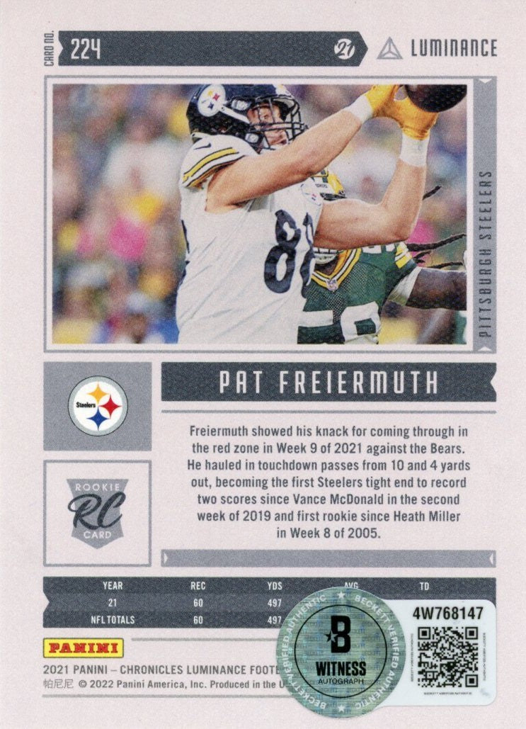 Pat Freiermuth Signed 2021 Chronicles Luminance #224 Card Beckett Witness 57017