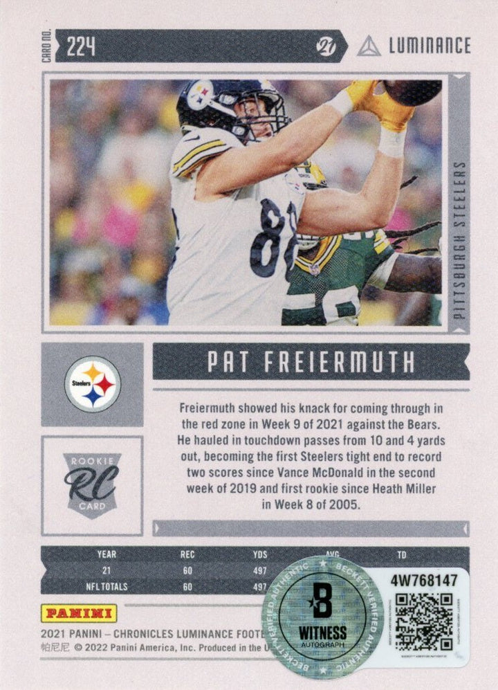 Pat Freiermuth Signed 2021 Chronicles Luminance #224 Card Beckett Witness 57017