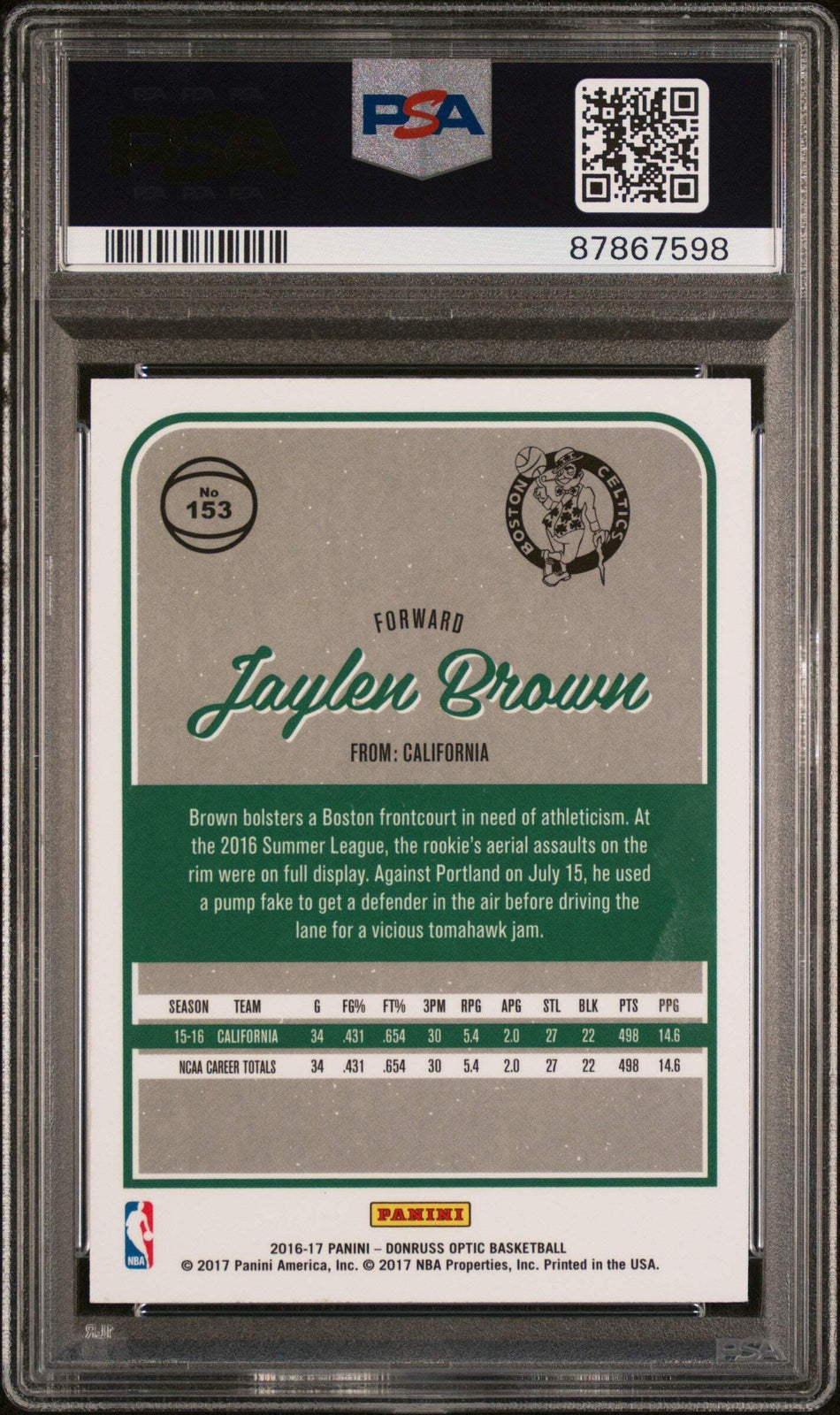 Graded 2016 Panini Donruss Optic Jaylen Brown #153 Rookie Basketball Card PSA 10