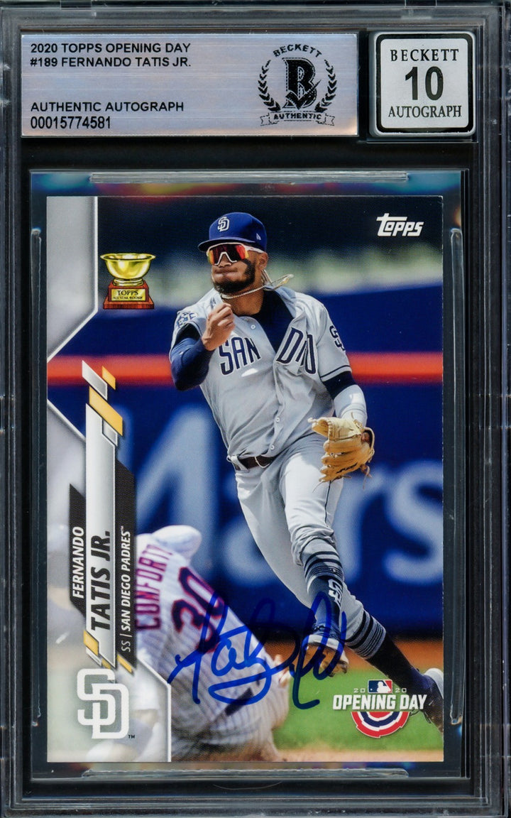 Fernando Tatis Jr. Auto 2020 Topps Opening Day Card 189 Padres Auto 10 Beckett