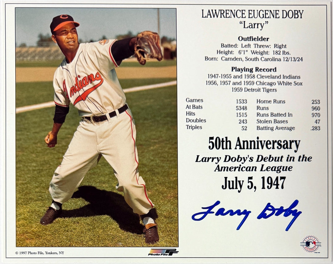 Larry Doby signed Cleveland MLB 50th Anniversary 8x10 Photo/Card- COA/HOF