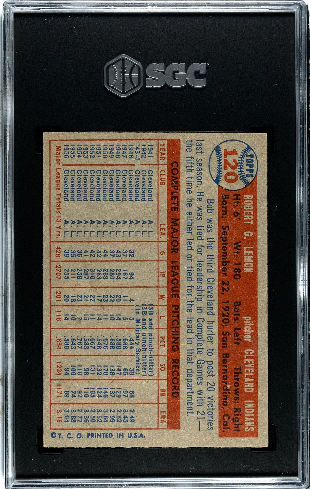 Bob Lemon 1957 Topps Baseball Card #120- SGC Graded 7 NM